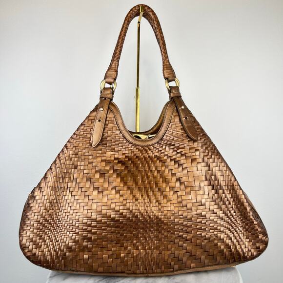 Cole Haan Genevieve Weave Brown Metallic Gold Leather Large Shoulder Bag - Picture 3 of 16